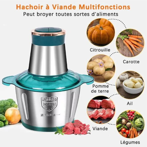 Bear Hachoir Électrique Multifonction 0.6L + 2L - 300W 2 Vitesses, Lames Inox, Bols Verre
